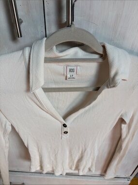 BDG Cream Ribbed Henley Polo Top with Button Placket